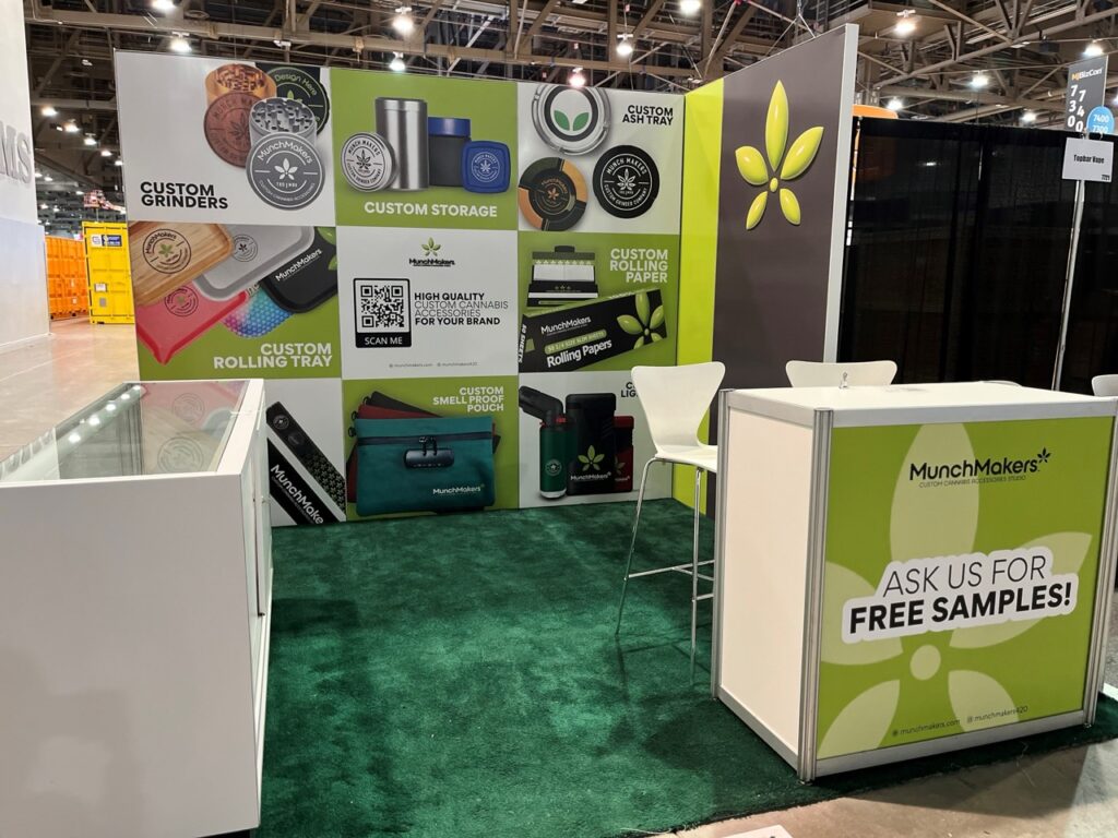 Munchmakers trade show booth with branded product counters