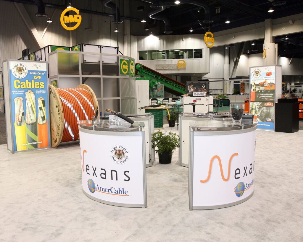 Cable-supported trade show booth during installation