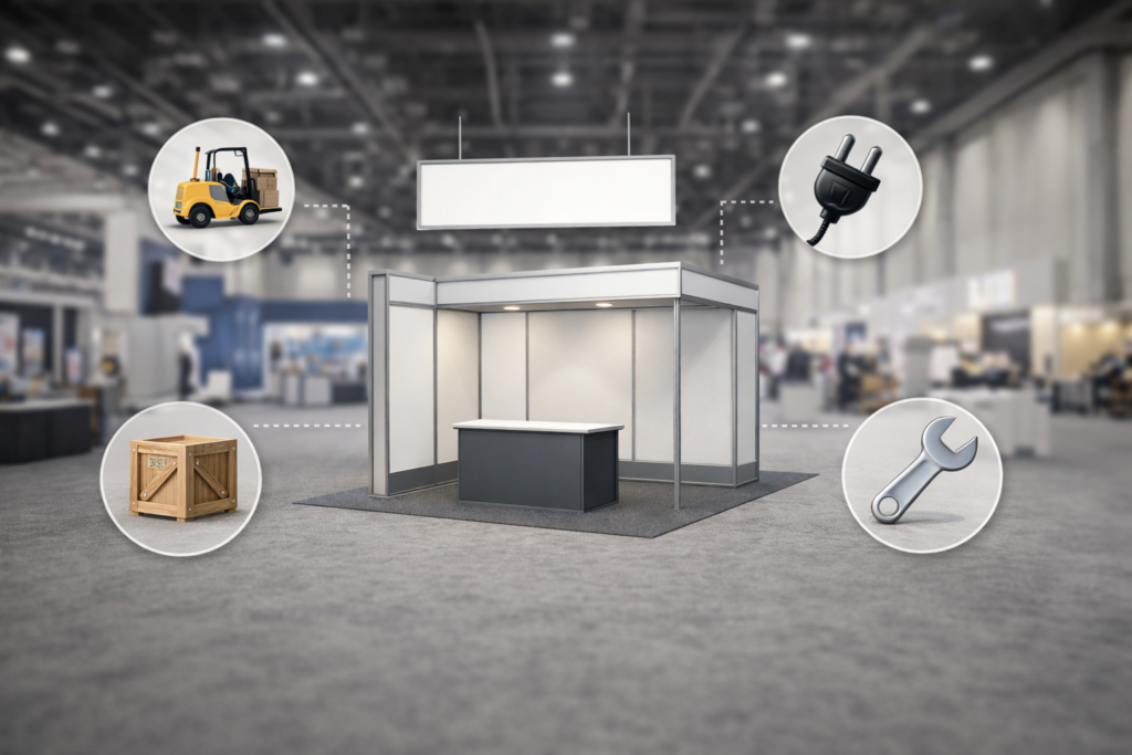 Realistic trade show booth on an expo floor with a hanging sign, connected by dotted lines to service icons for shipping crate, forklift, power plug, and wrench.