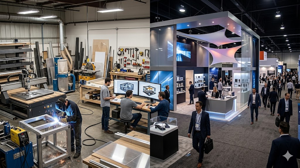 A wide, split-frame photograph juxtaposing a working industrial fabrication shop with a finished, high-end corporate expo floor. The left half shows a detailed manufacturing environment featuring a CNC machine, metal welding (with sparks), raw materials, power tools, and three technicians at a workstation reviewing a 3D booth design on two monitors. The right half shows a polished, modern convention hall with a multi-level custom exhibit booth made of glass, acrylic, and dynamic lighting, surrounded by professionals in business suits and visitors walking through the professional event space. The image visualizes the contrast between raw construction and final polished branding.