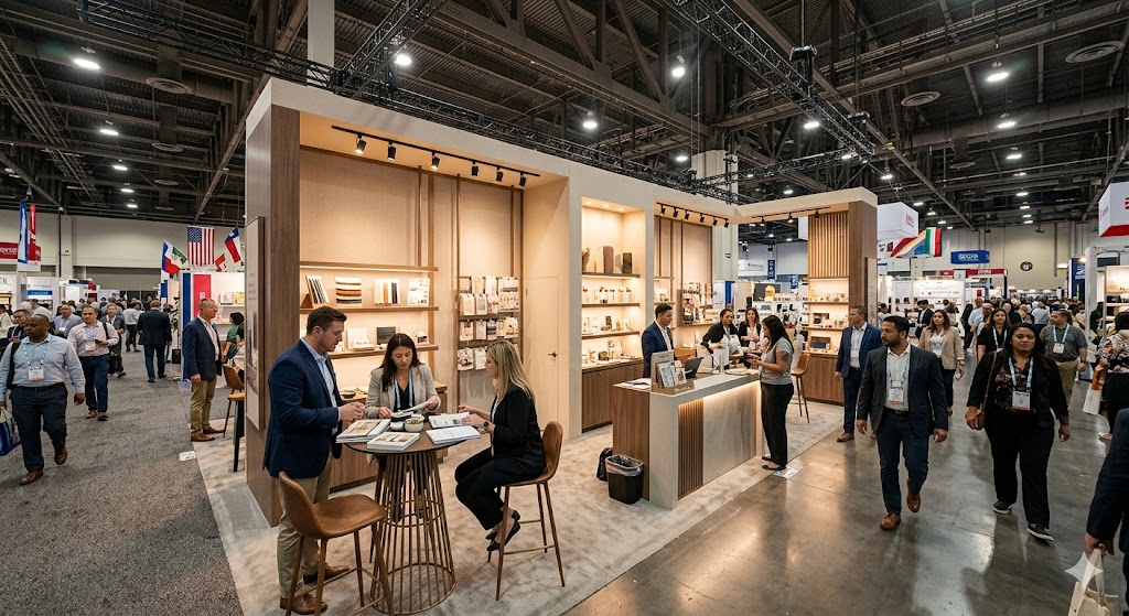 An elevated, photorealistic view of a sprawling ASD Market Week trade show floor at the Las Vegas Convention Center in 2026, where a central custom-designed booth made of warm wood and beige panels serves as a bustling hub. Two professionals, seated at a modern round table with documents, are deep in discussion, while others staff a clean counter with product displays, engaging with diverse attendees. The wide aisle is crowded with visitors from varying backgrounds carrying bags and moving among other distant exhibits under a complex ceiling with visible industrial rigging and ample overhead lighting, all set within a sophisticated, open business environment.