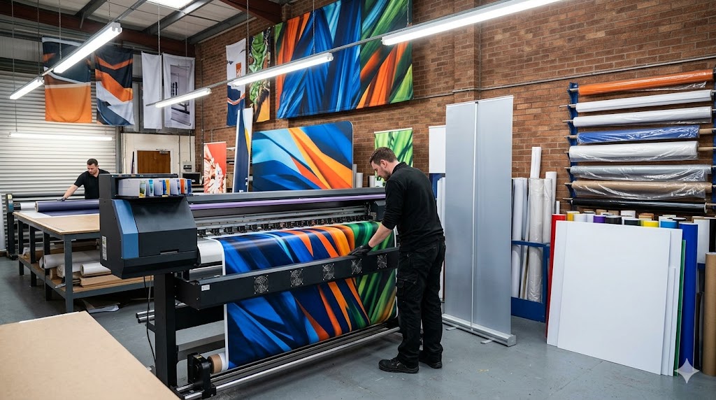 A professional print shop production floor showing a technician operating a large-format printer that is outputting a vibrant, colorful trade show graphic banner. Rolls of printing substrates and rigid panels line the brick wall in the background.
