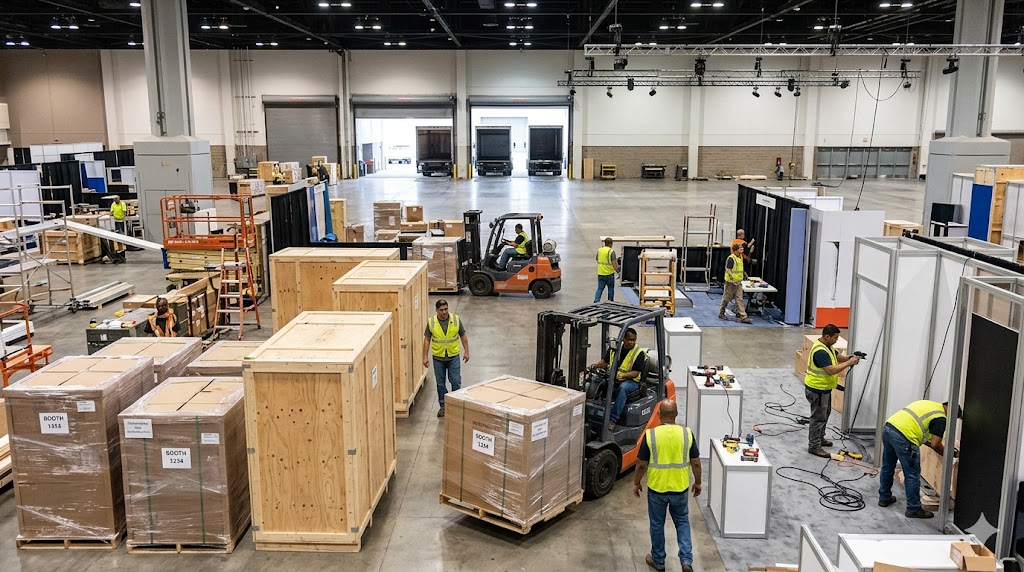 A high-angle, realistic view of a bustling convention center hall during trade show setup. Logistics workers wearing high-visibility yellow vests operate forklifts and assemble booth structures. Large wooden shipping crates, shrink-wrapped pallets with booth number labels, and open loading dock doors with freight trucks are visible in the background, illustrating the complex process of material handling and drayage.