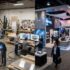 A wide, split-frame photograph juxtaposing a working industrial fabrication shop with a finished, high-end corporate expo floor. The left half shows a detailed manufacturing environment featuring a CNC machine, metal welding (with sparks), raw materials, power tools, and three technicians at a workstation reviewing a 3D booth design on two monitors. The right half shows a polished, modern convention hall with a multi-level custom exhibit booth made of glass, acrylic, and dynamic lighting, surrounded by professionals in business suits and visitors walking through the professional event space. The image visualizes the contrast between raw construction and final polished branding.