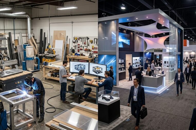 A wide, split-frame photograph juxtaposing a working industrial fabrication shop with a finished, high-end corporate expo floor. The left half shows a detailed manufacturing environment featuring a CNC machine, metal welding (with sparks), raw materials, power tools, and three technicians at a workstation reviewing a 3D booth design on two monitors. The right half shows a polished, modern convention hall with a multi-level custom exhibit booth made of glass, acrylic, and dynamic lighting, surrounded by professionals in business suits and visitors walking through the professional event space. The image visualizes the contrast between raw construction and final polished branding.