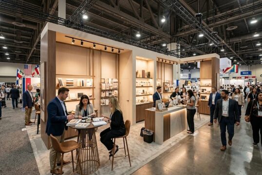 An elevated, photorealistic view of a sprawling ASD Market Week trade show floor at the Las Vegas Convention Center in 2026, where a central custom-designed booth made of warm wood and beige panels serves as a bustling hub. Two professionals, seated at a modern round table with documents, are deep in discussion, while others staff a clean counter with product displays, engaging with diverse attendees. The wide aisle is crowded with visitors from varying backgrounds carrying bags and moving among other distant exhibits under a complex ceiling with visible industrial rigging and ample overhead lighting, all set within a sophisticated, open business environment.