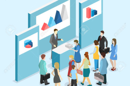 Isometric flat 3D concept vector exhibition or promotion stand. conference booth mistakes