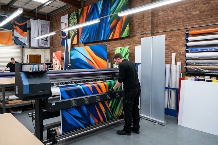 A professional print shop production floor showing a technician operating a large-format printer that is outputting a vibrant, colorful trade show graphic banner. Rolls of printing substrates and rigid panels line the brick wall in the background.