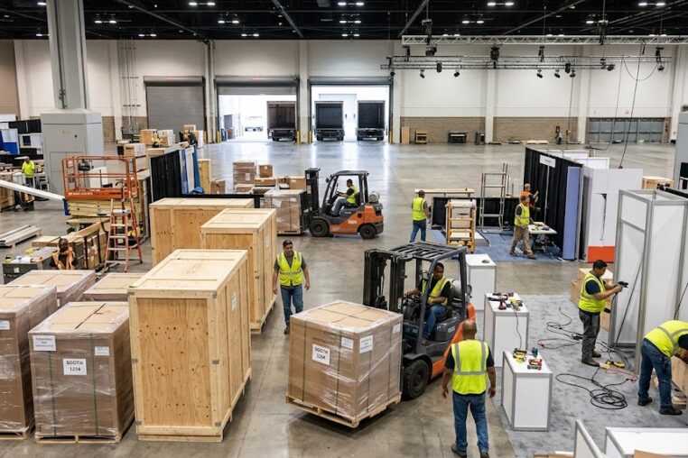 A high-angle, realistic view of a bustling convention center hall during trade show setup. Logistics workers wearing high-visibility yellow vests operate forklifts and assemble booth structures. Large wooden shipping crates, shrink-wrapped pallets with booth number labels, and open loading dock doors with freight trucks are visible in the background, illustrating the complex process of material handling and drayage.