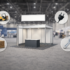 Realistic trade show booth on an expo floor with a hanging sign, connected by dotted lines to service icons for shipping crate, forklift, power plug, and wrench.